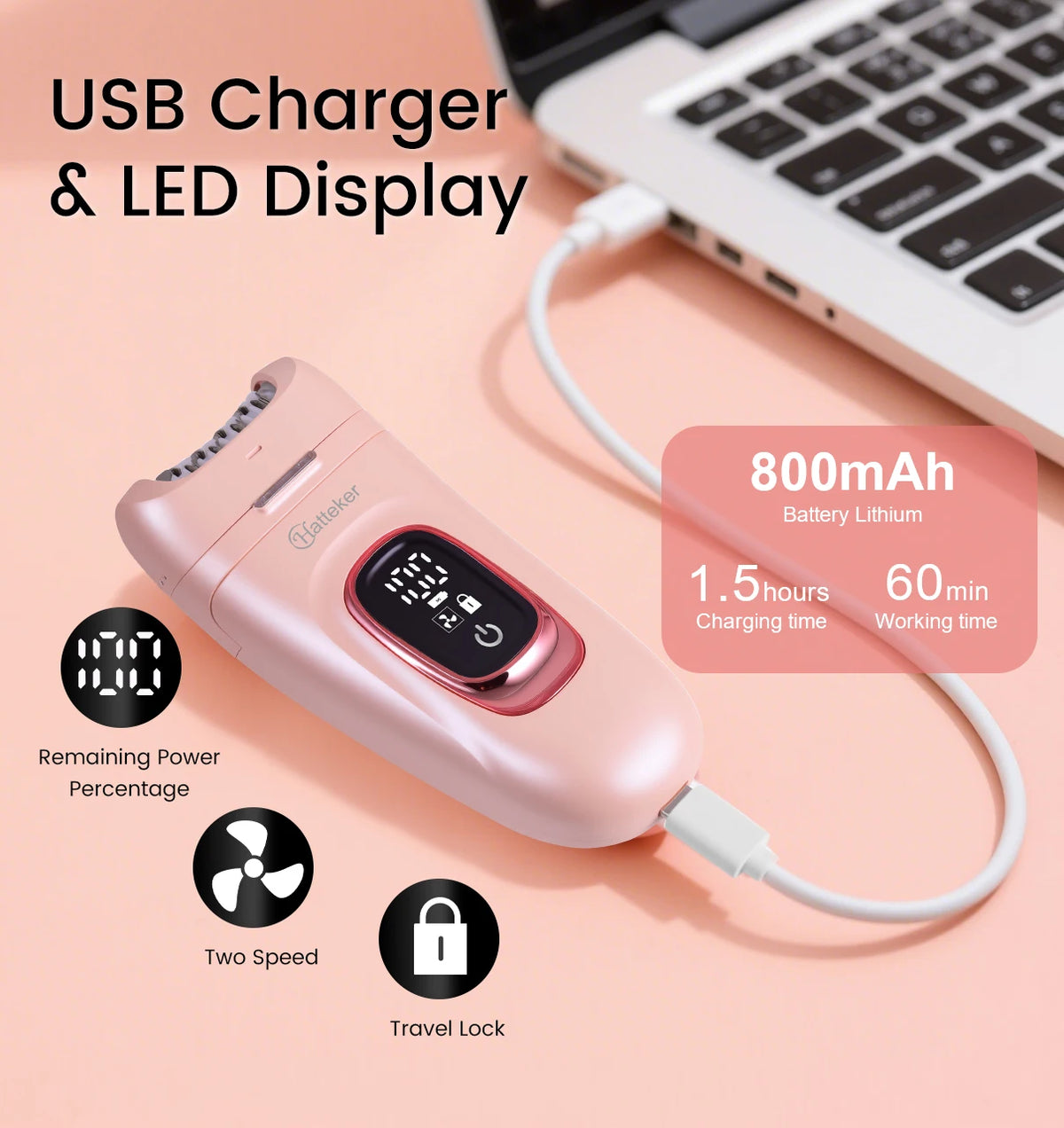 Hatteker 2-in-1 Epilator Hair Remover Leg Body Portable Lady Shaver Hair Removal Tool Underarms Facial Clipper for Women IPX7