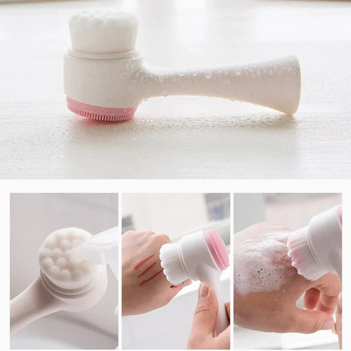 3D Double Sided Facial Cleansing Brush Soft Silicone Bristles Manual Face Wash Exfoliator Massager Deep Cleansing Skin Care