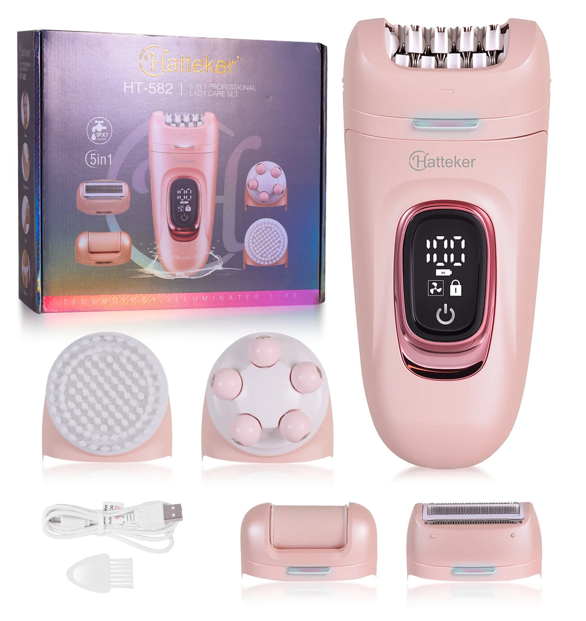 Hatteker 2-in-1 Epilator Hair Remover Leg Body Portable Lady Shaver Hair Removal Tool Underarms Facial Clipper for Women IPX7