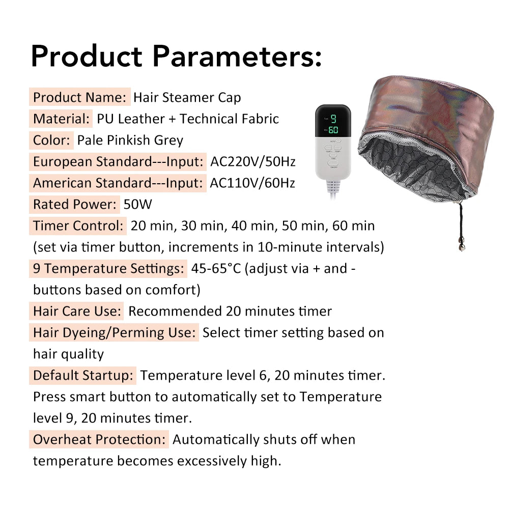 Hair Steamer for Deep Conditioning Thermal Heat Cap 9-Level Heats Up Quickly 5 Time Settings Washable Thermal Spa Hat for Home