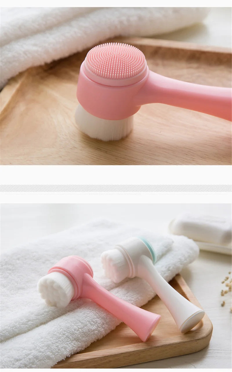 3D Double Sided Facial Cleansing Brush Soft Silicone Bristles Manual Face Wash Exfoliator Massager Deep Cleansing Skin Care