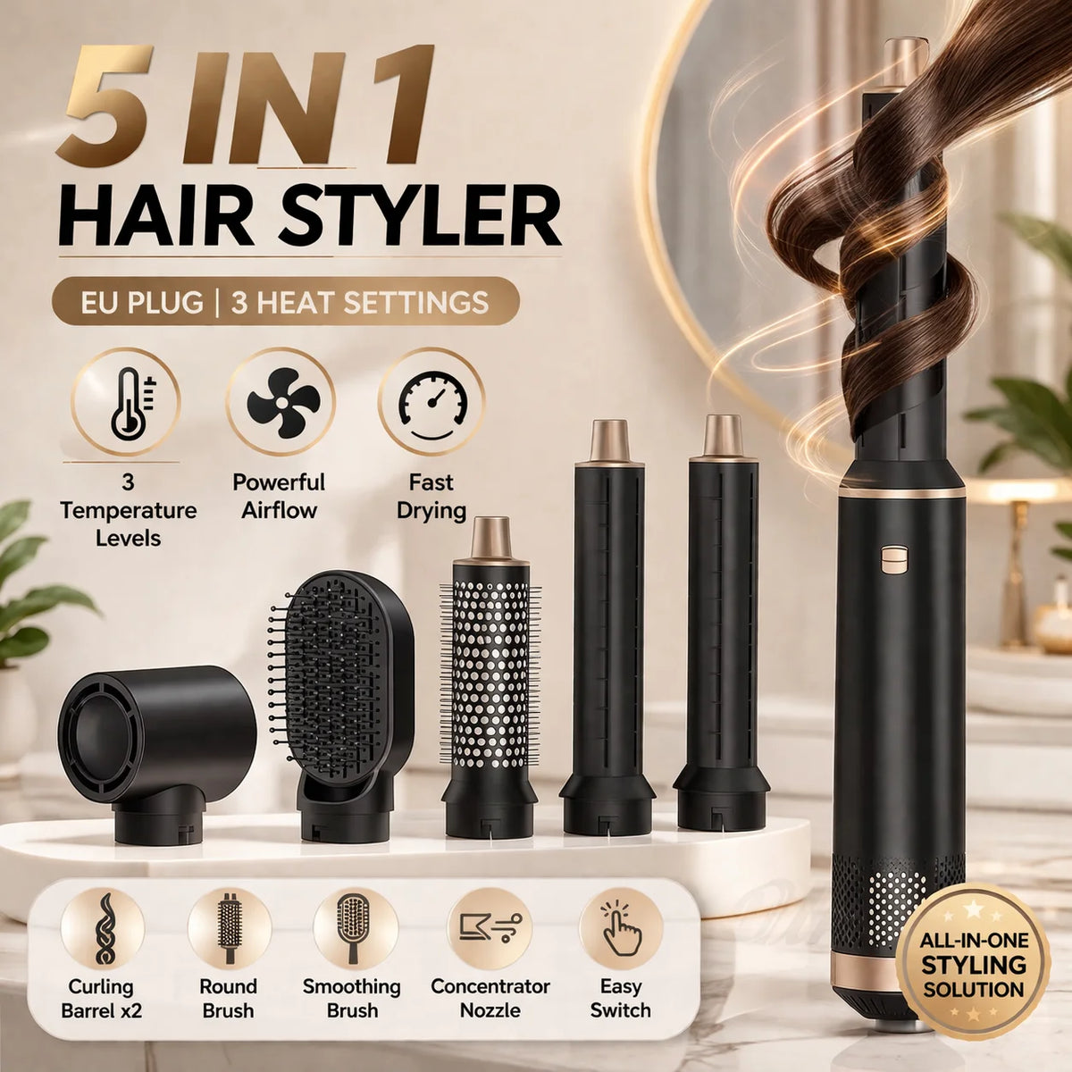 Multi-In-One Hair Dryer Styler, Hot Air Comb, Detachable Brush, Straightening & Curling Dual-Use, Household Hair Styling Tool