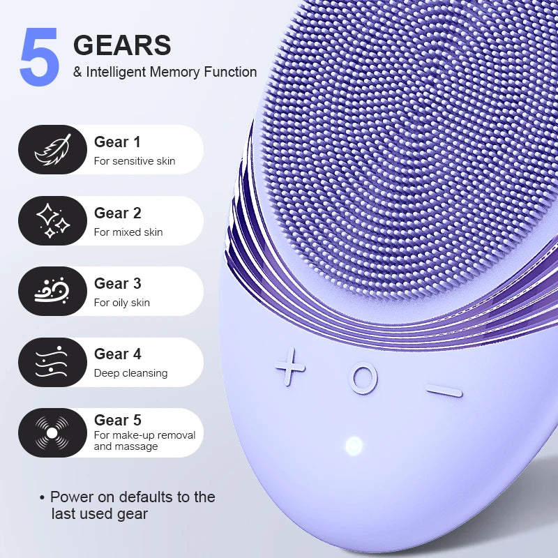 Facial Cleansing Brush Face Scrubber : Silicone Waterproof Rechargeable Face Wash Brush, 5 Cleansing Modes, Electric Deep Cleani
