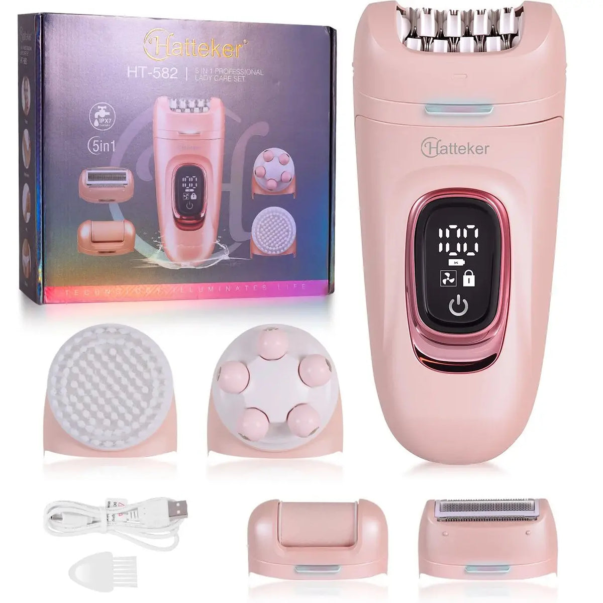Hatteker 2-in-1 Epilator Hair Remover Leg Body Portable Lady Shaver Hair Removal Tool Underarms Facial Clipper for Women IPX7