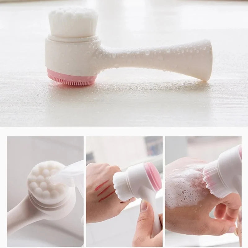3D Double Sided Facial Cleansing Brush Soft Silicone Bristles Manual Face Wash Exfoliator Massager Deep Cleansing Skin Care